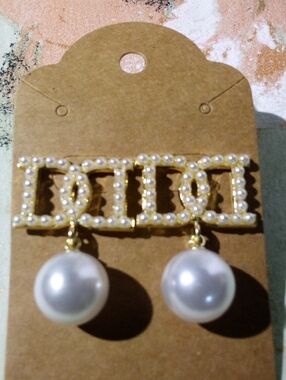 Gold Pearl Drop Logo Earrings - Women's Jewelry